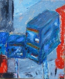 boites aux lettres bleues sérieuses, huile sur toile, 2018, 46 X 38 - objets
