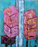 boites aux lettres roses disciplinées  sur fond turquoise, huile sur toile, 2016, 46 X 38 - objets