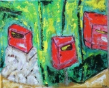boites aux lettres rouges papotant au carrefour, huile sur toile, 2016, 38 X 46 - objets