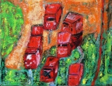 boites aux lettres rouges en grande discussion, huile sur toile, 2016, 38 X 46 - objets