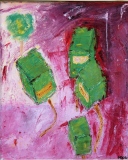 commérages de boites aux lettres vertes sur fond rose, huile sur toile, 2016, 46 X 38 - objets
