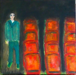 Ciné solo, 2024, huile sur toile, 30 X 30 - solitude