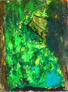 Banc dans le jardin 2, 2024, huile sur papier, 24 X 32 - poésie